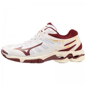 White / Dark Red / Gold Women's Mizuno Wave Voltage Volleyball Shoes | JRH301975