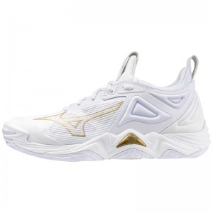 White / Gold Women's Mizuno Wave Momentum 3 Volleyball Shoes | ILU150973