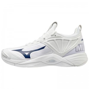 White / Navy Women's Mizuno Wave Momentum 2 Volleyball Shoes | JKO635972