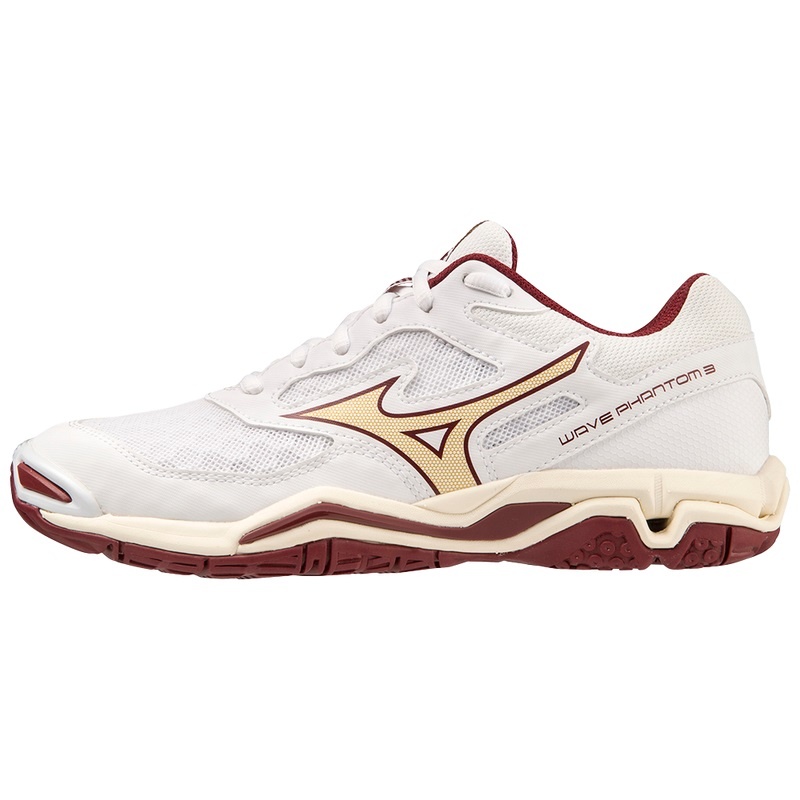 White / Dark Red / Gold Women\'s Mizuno Wave Phantom 3 Handball Shoes | GSF496501