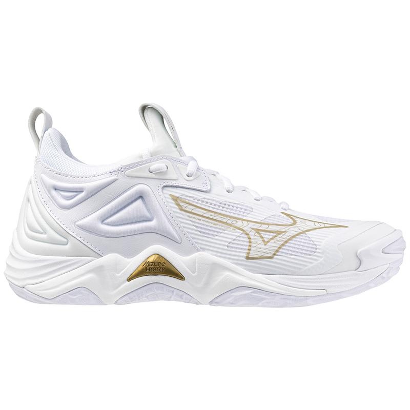 White / Gold Women's Mizuno Wave Momentum 3 Volleyball Shoes | ILU150973