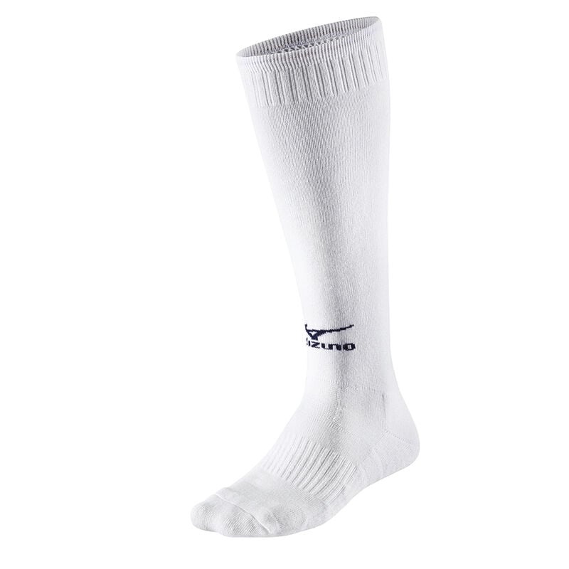 White / Navy Men\'s Mizuno Comf Volleyball Long Socks | AEV798203