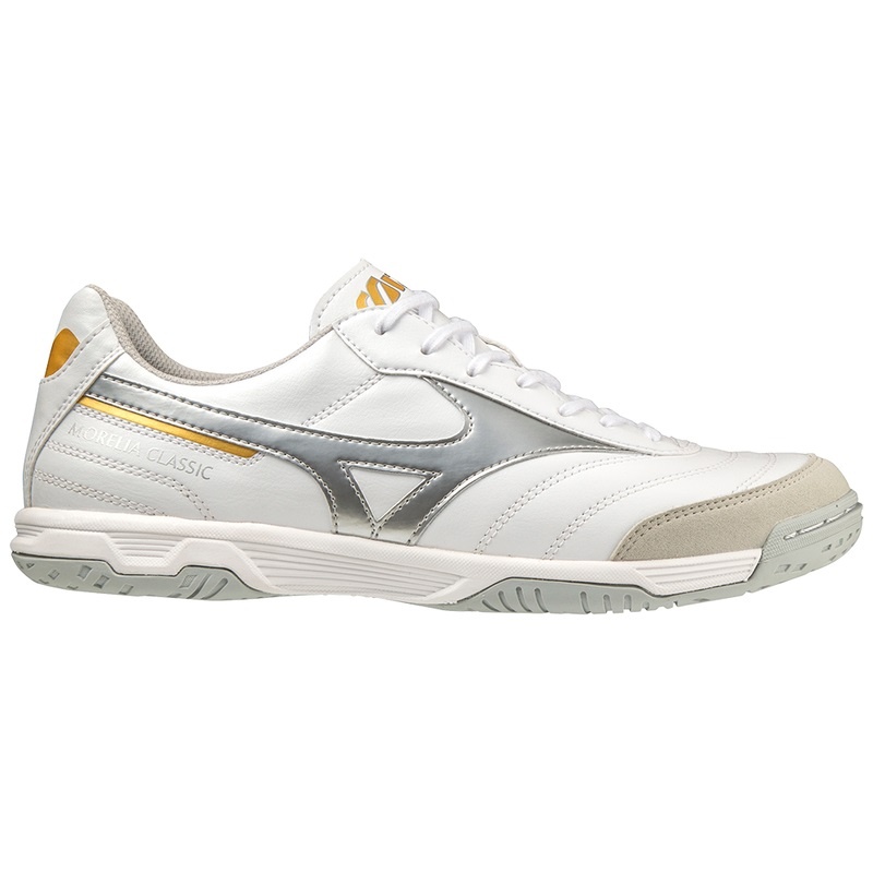 White / Silver / Gold Men's Mizuno Morelia Sala Classic IN Football Shoes | QJS892405